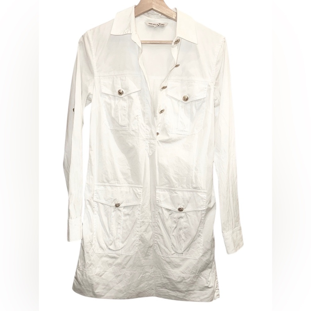 Veronica Beard Saude Cotton Poplin Long Roll Sleeve Gold Button Popover MiniDres - Picture 3 of 6